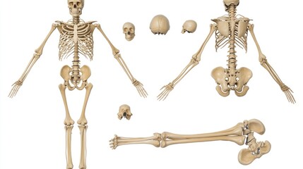 Realistic human skeleton, isolated on a white background, anatomical study, full-body view, high detail, educational resource 