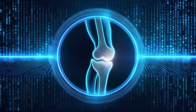 Digital X-ray of Human Knee Joint with Glowing Blue Circle  