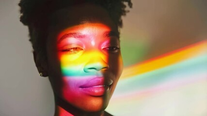 African American short hair woman with prism rainbow light reflection on her face - Powered by Adobe