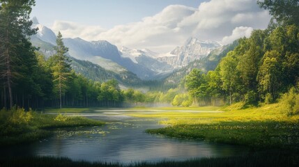 Fototapeta premium Nature landscape illustration, depicting a meadow with a river, surrounded by trees and mountains
