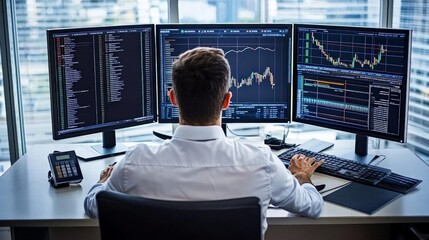 Business Analyst Presenting Analytics Reports, a professional in a modern office environment utilizing dual monitors to display detailed data insights for stakeholder discussions