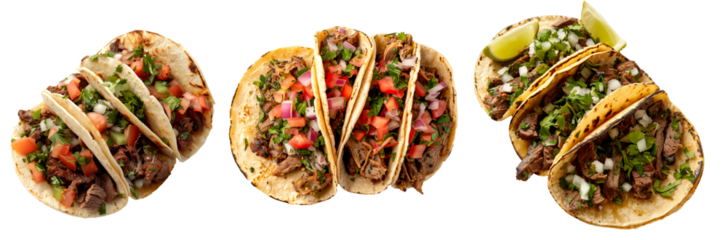Various types of tacos filled with fresh ingredients like meat, onions, and cilantro isolated on white transparent background.