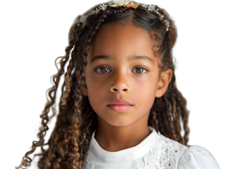 Positive young female girl in First Communion dress with long hair Transparent background