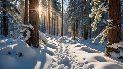 A snow-covered forest with a path winding through the snow, creating a serene and peaceful winter landscape
