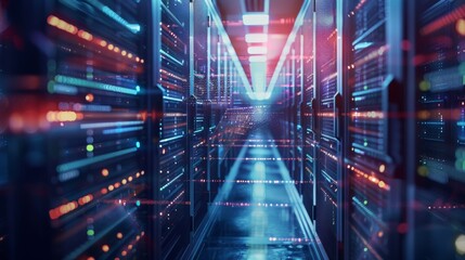 Futuristic data center corridor with colorful server lights