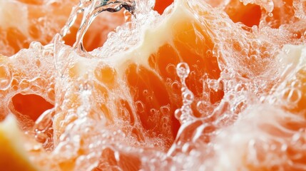 A macro shot of orange pulp interacting with rushing water, capturing the dynamic motion and...