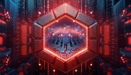 Cyberpunk Gateway:  A futuristic digital portal, glowing with red and blue neon lights, reveals a crowd within a hexagonal frame.  The scene is rich in detail.