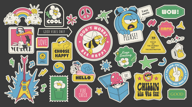 groovy 90s stickers, collection of cute retro stickers, vector illustration