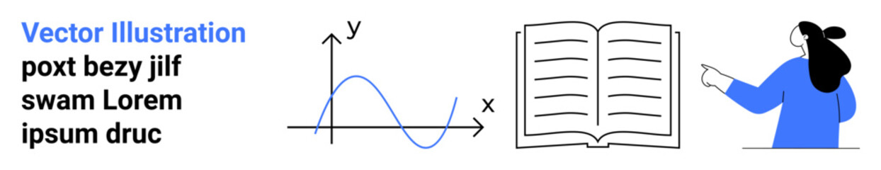 Mathematical graph, open book with blank pages, and woman pointing towards the text. Ideal for education, e-learning, presentations, research, data analysis, literary studies, instructional