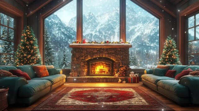 Experience the warmth of a rustic cabin as snowflakes fall gently outside, creating a tranquil winter wonderland ambiance. seamless looping 4K time-lapse virtual video animation background