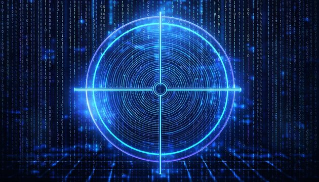 Digital Target: Glowing blue target with a futuristic digital backdrop of binary code,  a compelling symbol of accuracy, precision, and success in the digital age.  