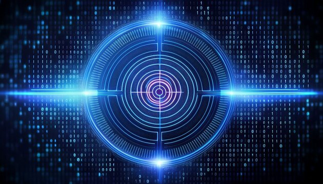 Cybernetic Target: Abstract digital art depicting a futuristic targeting system, glowing in vibrant blue hues against a matrix of binary code.  Perfect for tech, security, and futuristic themes. 