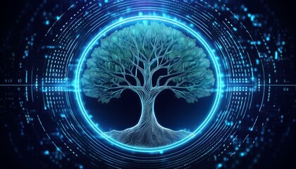 Digital Tree of Life: A majestic tree, symbolizing growth and connection, emerges from a digital world, its roots intertwined with data and circuits.