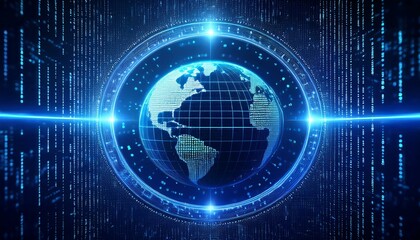 Global Network: A futuristic, abstract representation of the world connected by a digital network, with a glowing blue sphere representing Earth surrounded by a network of lines and data.