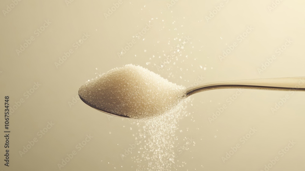 Poster Granulated sugar is overflowing from a spoon and falling on a beige background, creating a visual representation of excess sugar consumption and its potential health risks