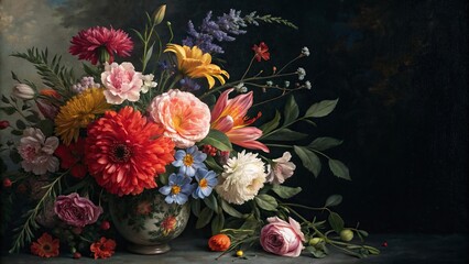 Obraz premium Vibrant floral arrangement with bold brushstrokes and colorful blooms set against a contrasting dark background, vibrant, geometric patterns