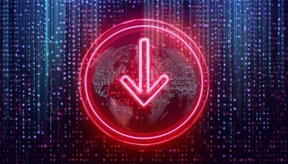 Global Download:  Neon arrow pointing down over a digital globe, set against a futuristic binary code background.  A vibrant image symbolizing global data transfer or digital download. 