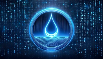 Digital Water Drop: Abstract futuristic illustration of a glowing water drop inside a digital circle, set against a backdrop of binary code. Representing digital water management, technology.