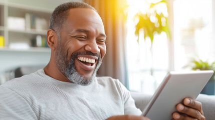 Smiling man enjoying digital content on tablet in bright living room