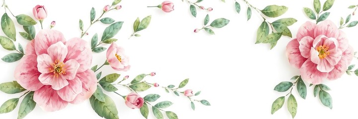 Watercolor pink flowers and green leaves create a delicate and elegant pattern, feminine, pastel, abstract