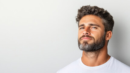 Fototapeta premium Close-up portrait of a middle-aged man with a confident expression, gray beard, and casual hairstyle, smiling gently against a neutral background. 