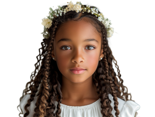 Positive young female girl in First Communion dress with long hair Transparent background