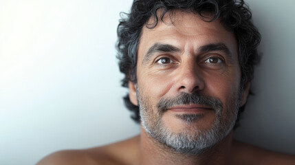 Obraz premium Close-up portrait of a middle-aged man with a confident expression, gray beard, and casual hairstyle, smiling gently against a neutral background. 