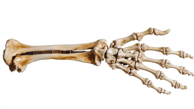 Skeletal hand and wrist, isolated on white, detailed bone structure, suitable for medical and educational use