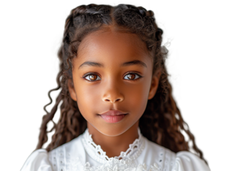 Positive young female girl in First Communion dress with long hair Transparent background