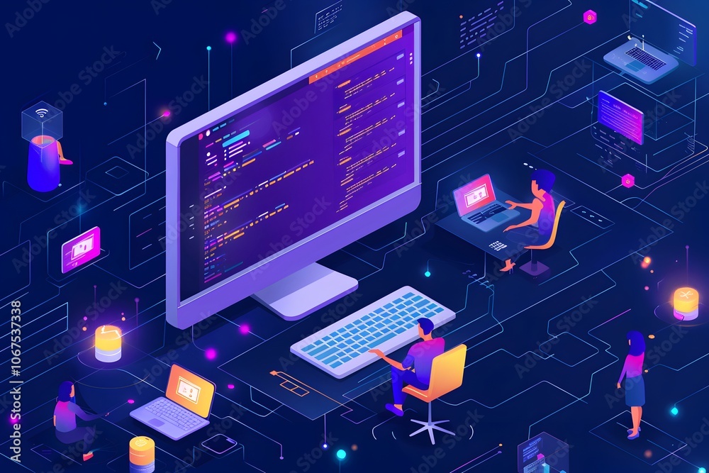 Poster engaging digital workspace with coding and collaboration