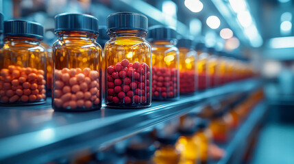 Rows of colorful supplement bottles on a shelf in a pharmacy or laboratory, showcasing health, nutrition, and wellness