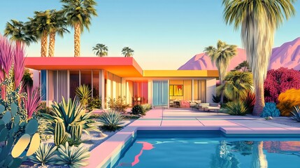 Vibrant 3D illustration of a Palm Springs modern house surrounded by lush plants and a colorful garden. AI generated illustration