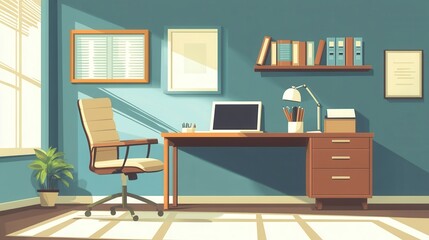 Remote work business office, showing a home-based workspace with a laptop, chair, and office supplies