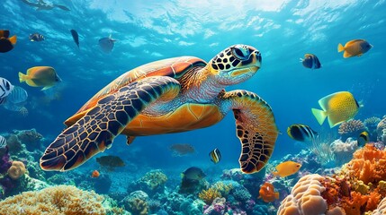 Colorful sea turtle gliding through a vibrant underwater scene filled with fish and coral reefs. AI generated illustration