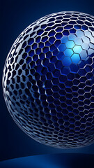 An Illustration of An Abstract, Futuristic Design Featuring a Spherical Shape Composed of a Honeycomb-like Hexagonal Pattern Against a Deep Blue Background.