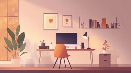 Remote work business setup, showing a desk with a computer, chair, and decor items, cozy vector style