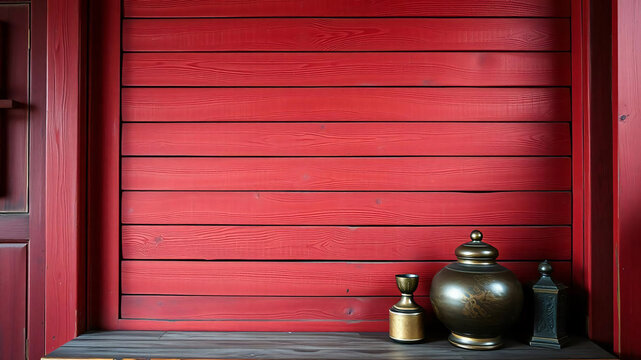 Antique red Chinese style blank wooden wall that looks old And there were utensils placed on a wooden table.