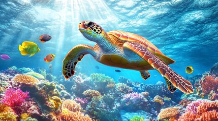 Colorful sea turtle gliding through a vibrant underwater scene filled with fish and coral reefs. AI generated illustration