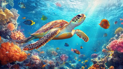 Obraz premium Colorful sea turtle gliding through a vibrant underwater scene filled with fish and coral reefs. AI generated illustration