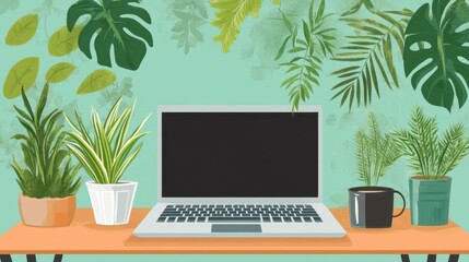 Fototapeta premium Remote work setup vector, featuring a laptop on a desk, coffee cup, and indoor plants, flat design