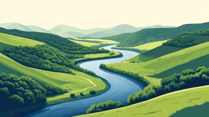 River and valley illustration, showing a winding river through a lush green valley, surrounded by hills