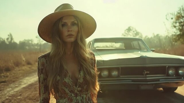 Stylish woman in a wide-brimmed hat stands in front of a vintage car in a sunlit field, captured in slow motion, evoking a retro, free-spirited 70s vibe