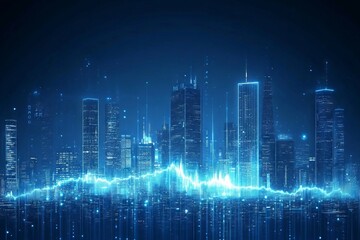 Fototapeta premium Futuristic city skyline illuminated at night, showcasing sound waves and data visualizations in a blue color theme. AI generated illustration