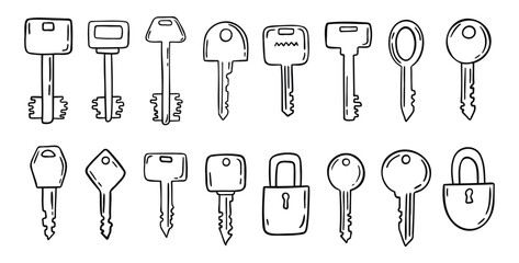 Sketch hand drawn doodle key icon set. Vintage locks and keys. Outline decor security elements collection.