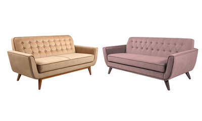 Mid-century modern style sofas beige and mauve with tufted backrest wooden base and tapered legs minimalist design on plain white background full hd 4k stock image transparent background png download