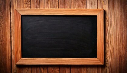 Wooden frame blackboard mounted on rustic wood wall, offering a natural, vintage appearance, with textured grain, dark contrast, sleek edges, creating a versatile, functional, and aesthetically pleasi