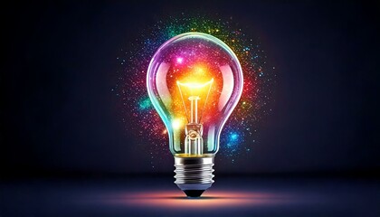 Colorful, realistic light bulb, glowing bright, symbolizing creativity, inspiring thoughts, showcasing brilliance, vivid illumination, abstract shapes, clear backdrop, visual appeal, endless possibili