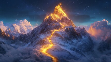 Naklejka premium Golden Light Path to Snowy Mountain Peak. AI generated illustration