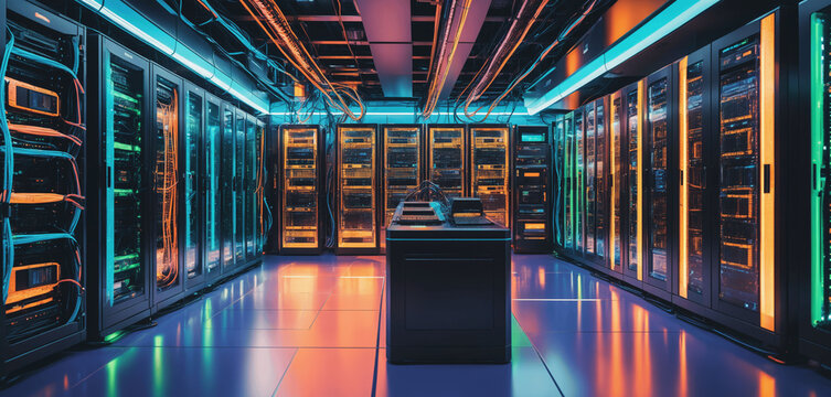 Data center server room with neon lights for sever
