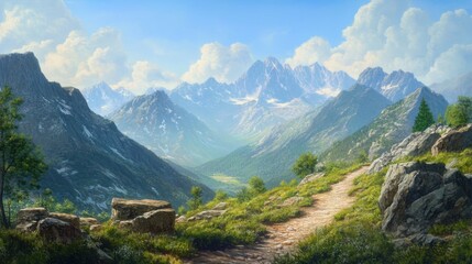 Fototapeta premium Rocky mountain landscape, depicting rugged mountains with a clear blue sky and a winding trail